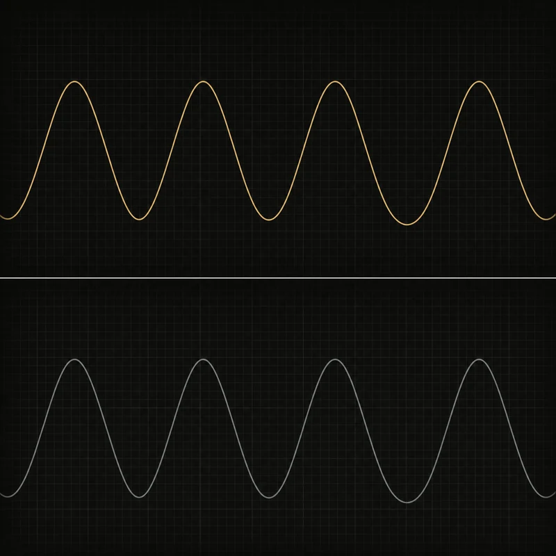 Two oscilloscope traces stacked on a faint grid. Both waveforms are identical in shape and amplitude; the upper is drawn in gold, the lower in grey.