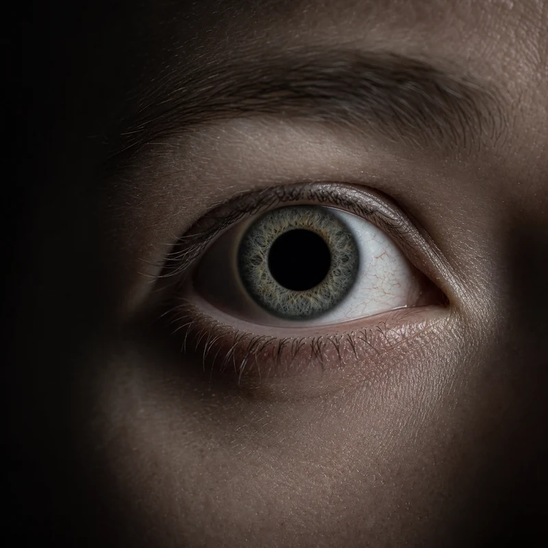Clinical macro photograph of a single human eye lit from one side, iris in sharp focus and pupil clearly visible, against a dark surround.