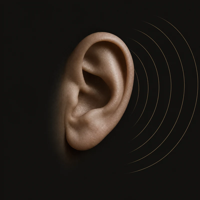 A human ear in profile against a black field, with five thin concentric arcs approaching it from the right, drawn as pressure contours rather than glowing waves.
