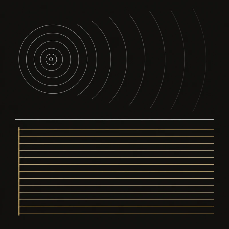 A two-part comparison. Above, a point source emits concentric arcs that spread and fade with distance. Below, a flat vertical bar emits parallel lines that hold even spacing across the frame.