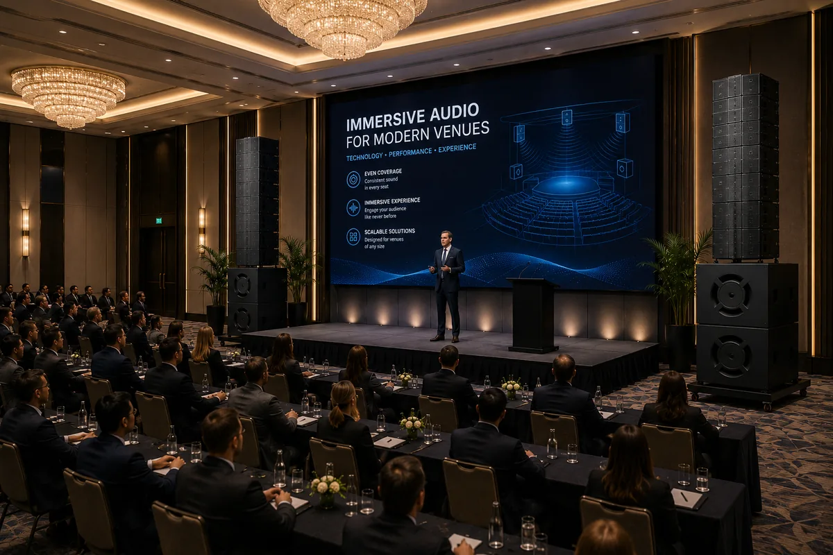 A speaker presenting to a seated audience in a corporate venue with column loudspeakers.