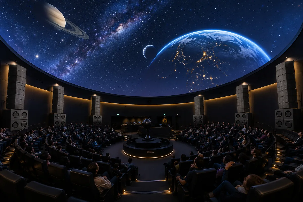 A dome theatre with an astronomical projection and loudspeaker panels around the perimeter.