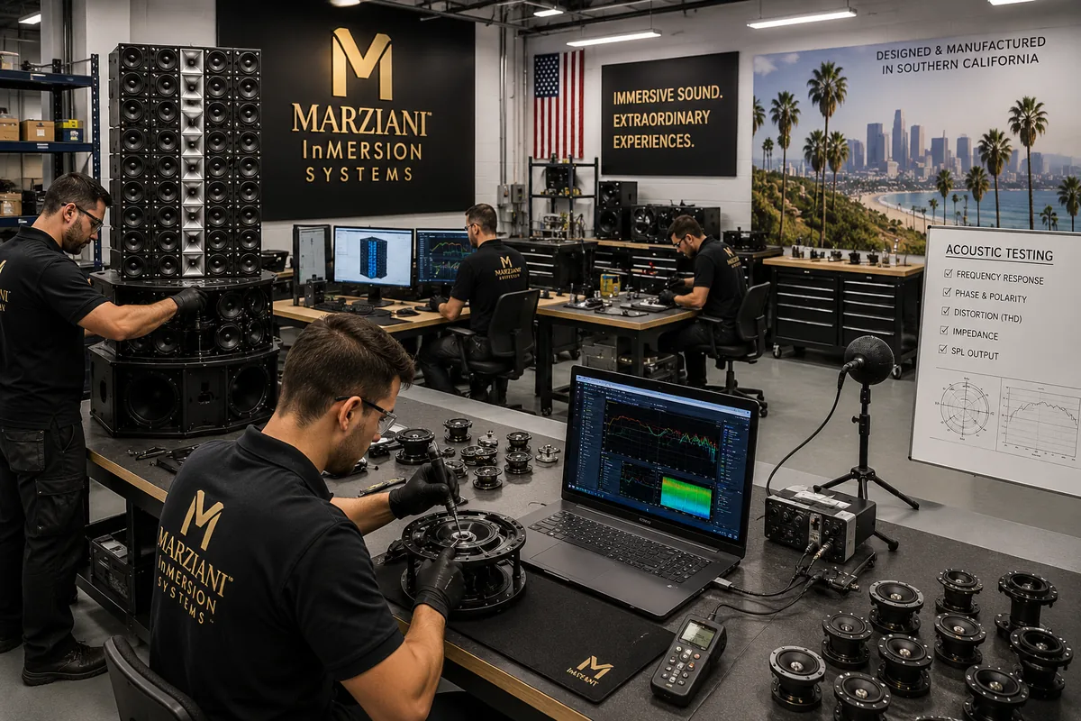Two technicians assembling and measuring loudspeaker components in the MARZIANI lab.