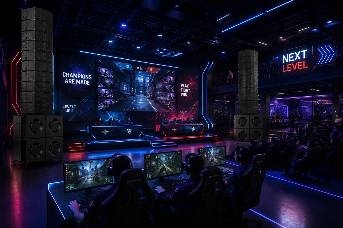 An esports arena with stage lighting, large-format displays and arrayed loudspeaker panels.