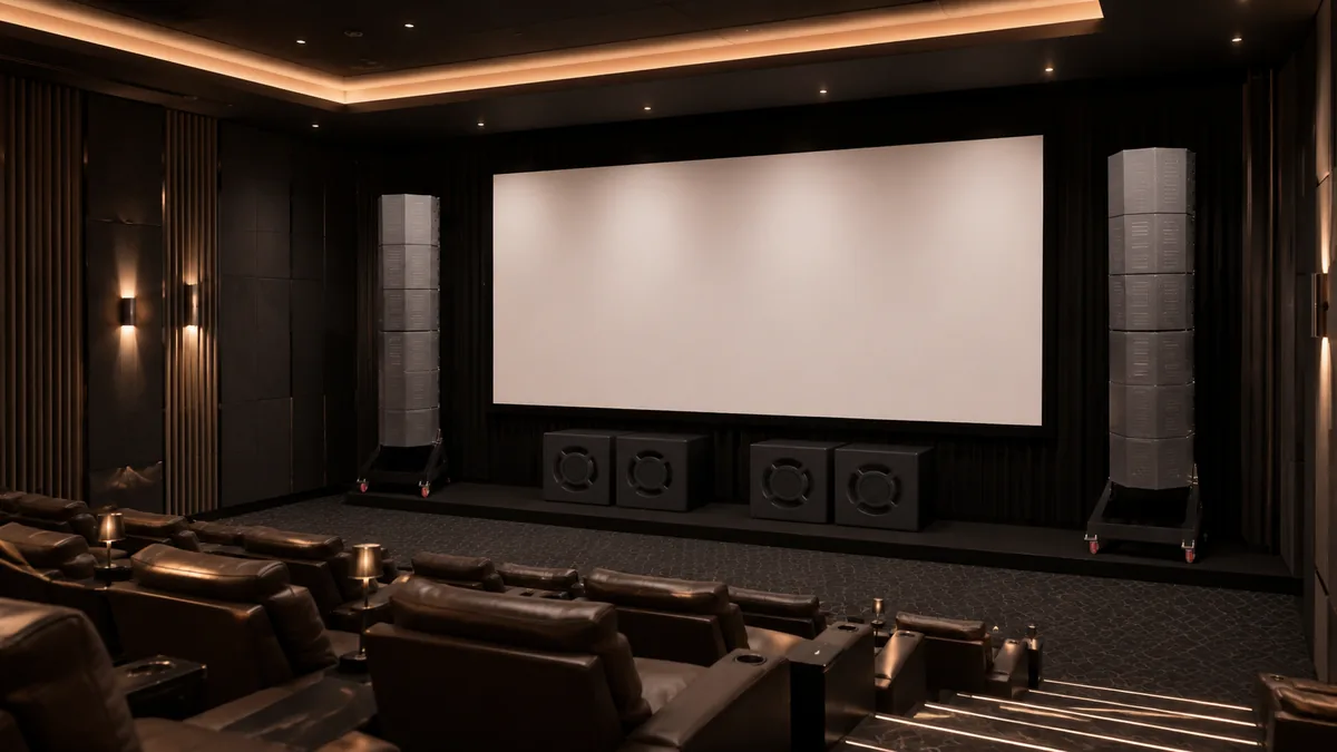 A private cinema with tiered seating and Planar Matryxx&trade; panels flanking the screen.