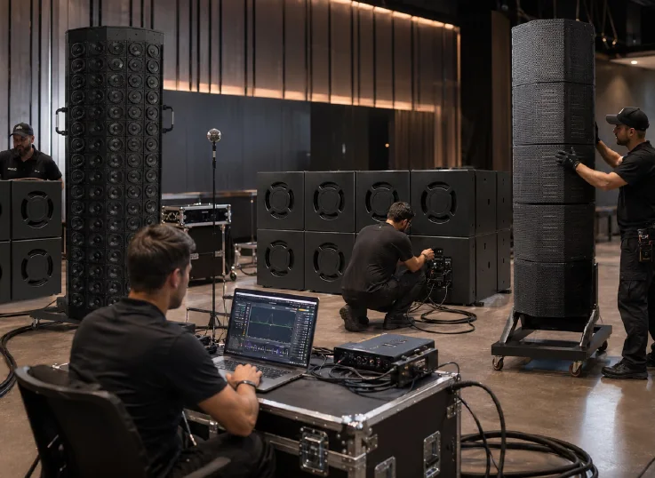 Marziani engineers commissioning an array — transfer-function measurement running on a laptop beside a calibrated microphone, with Planar Dynamic and Planar Magnetic towers in position