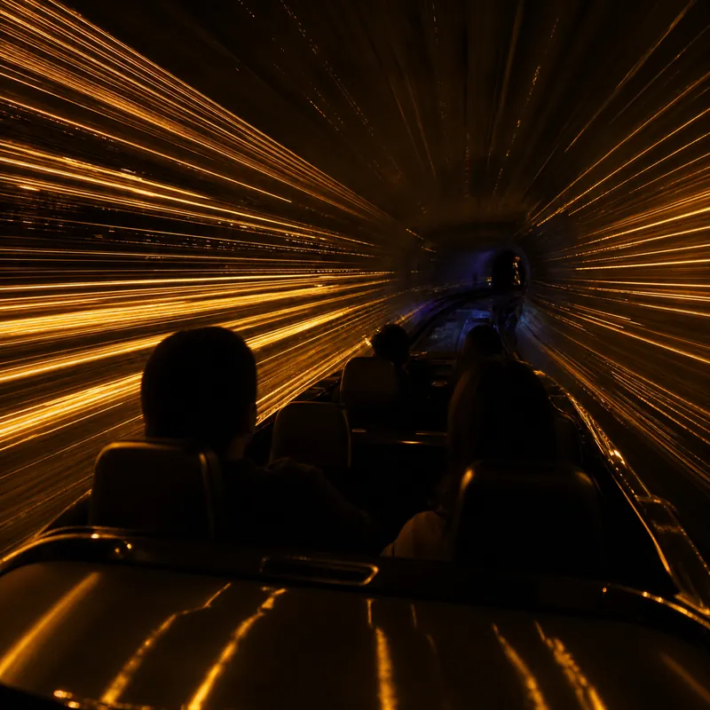 Point-of-view from inside a dark ride vehicle: guests seated ahead as amber light streaks rush past toward a tunnel bend