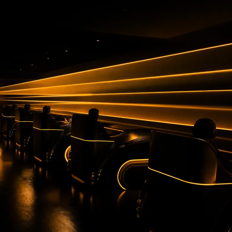 A curved row of illuminated gaming pods in a darkened bay, players wearing headphones as amber light strips sweep along the wall behind them