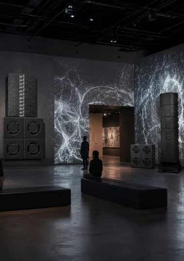 Planar Matryxx&trade; panels and subwoofer cubes installed in an immersive projection gallery with visitors seated among the artwork
