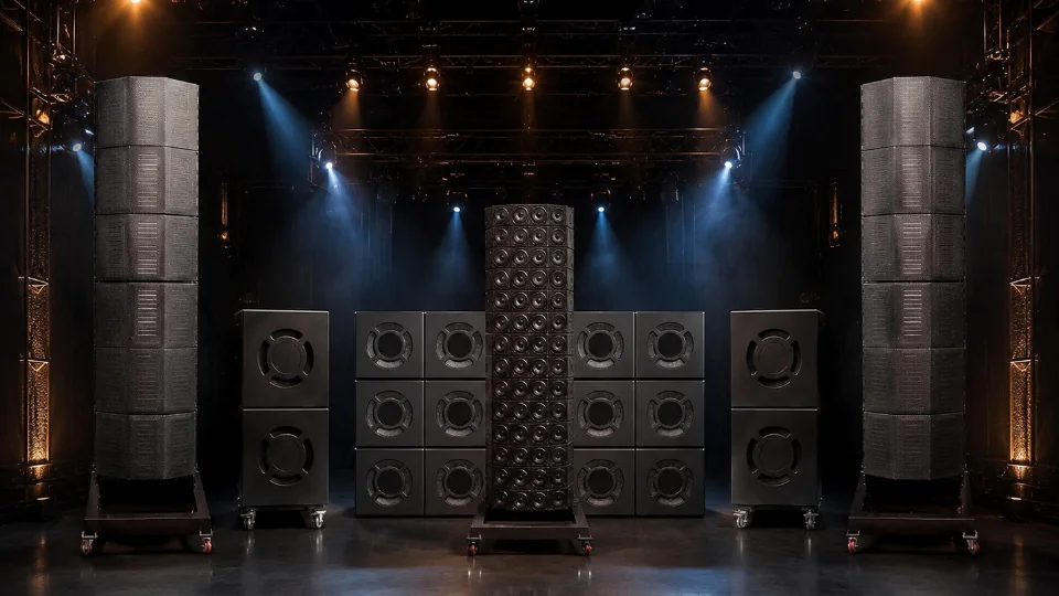 An Avvolgente-scale Planar Matryxx&trade; field staged under show lighting: two Planar Magnetic towers flanking a Planar Dynamic center column above a wall of Marziani subwoofer cubes