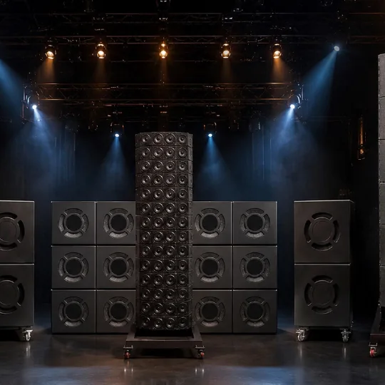 Planar Dynamic Matryxx center column flanked by Marziani subwoofer cubes on a live stage under show lighting