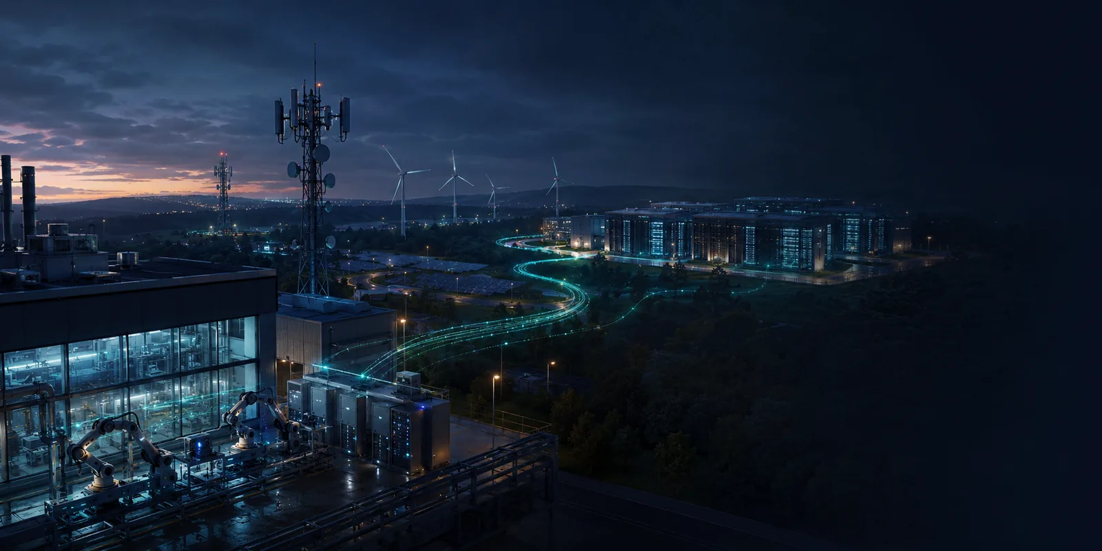Industrial, telecom, renewable-energy, and data-center infrastructure connected across a regional edge-computing network.