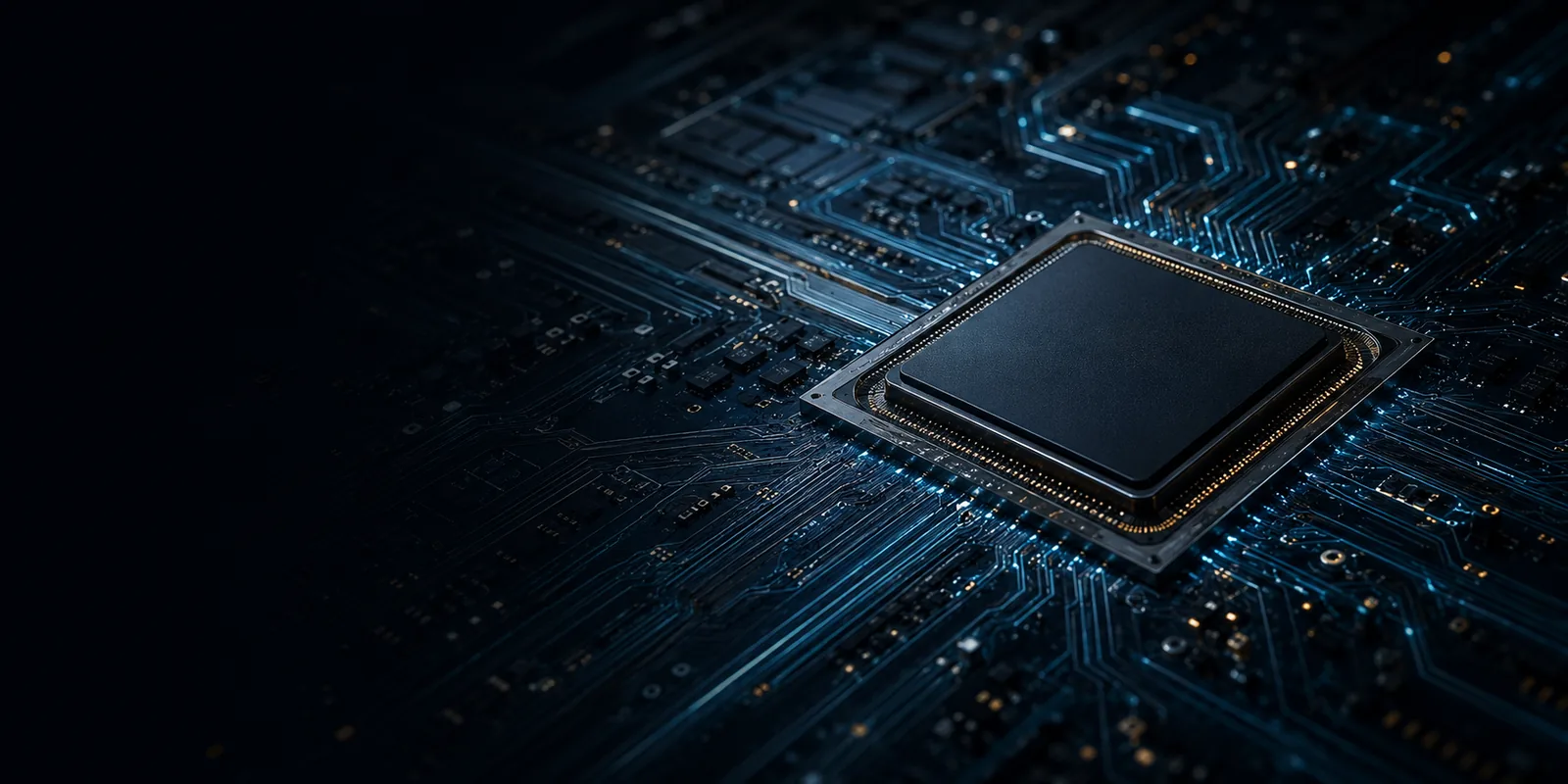 Advanced processor mounted on a dark circuit board with illuminated cyan signal paths.
