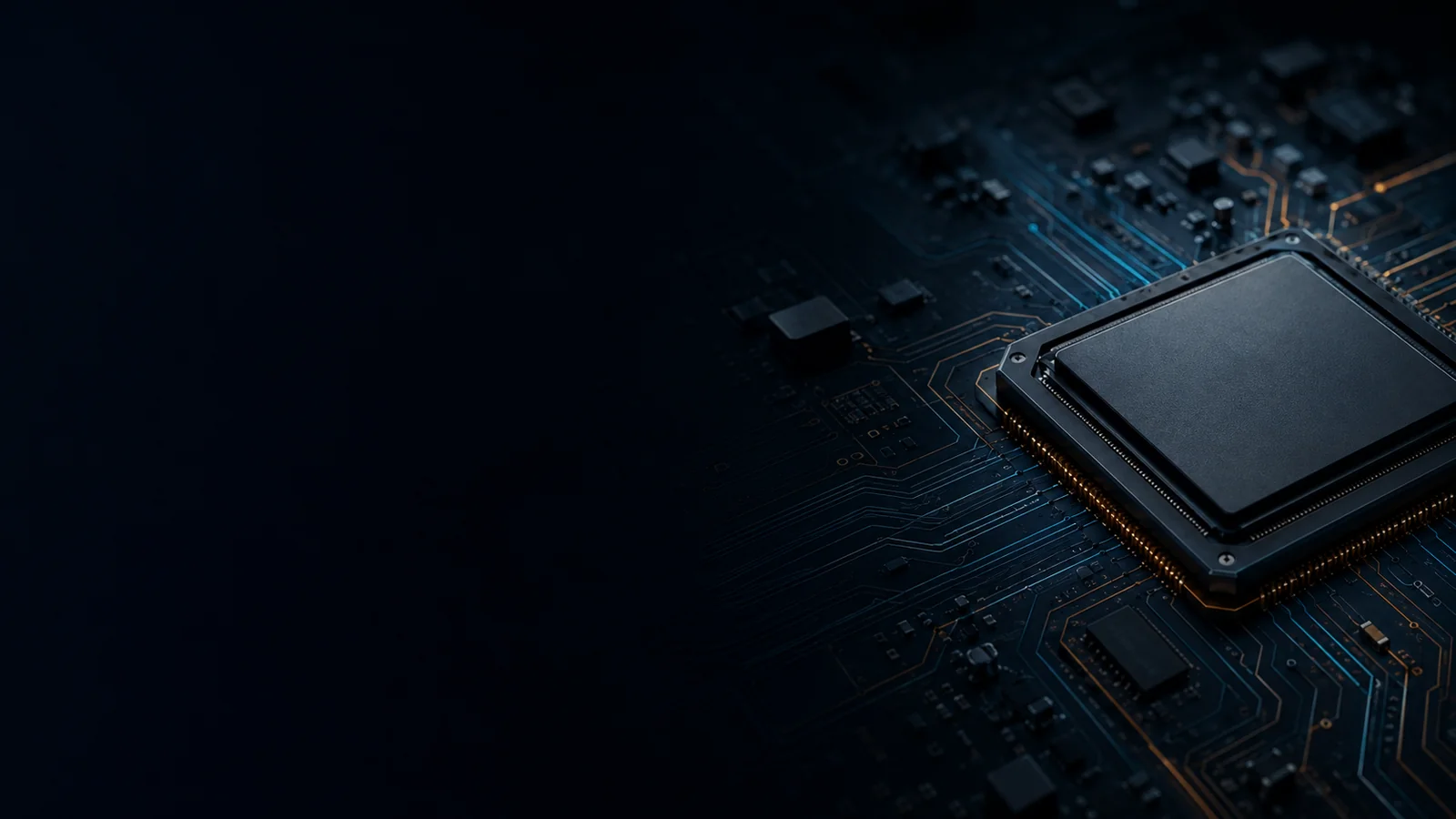 Close-up of an advanced processor mounted on a dark circuit board with illuminated signal paths.