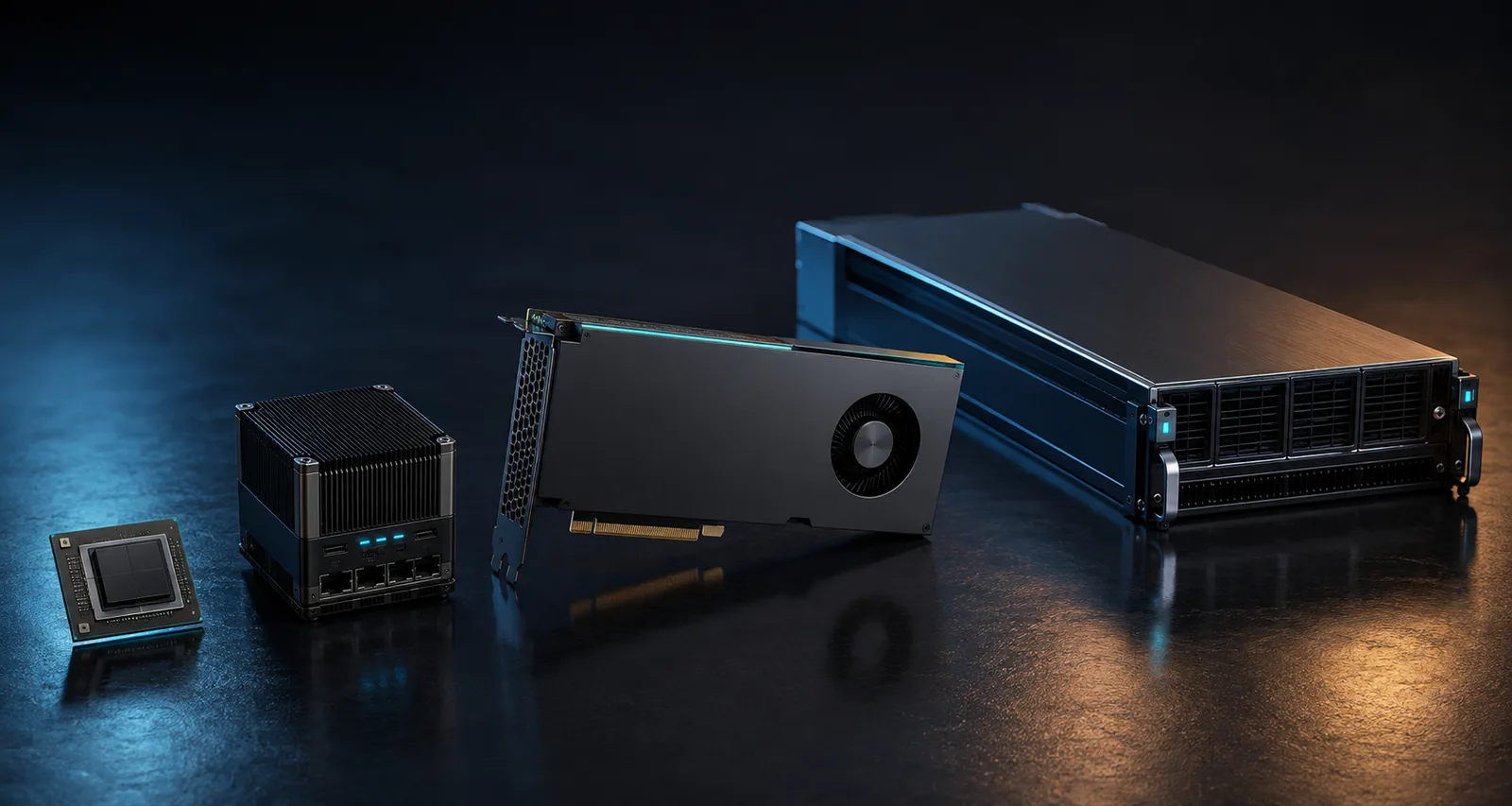 Processor, compact edge module, PCIe accelerator, and data-center system shown as one product family.