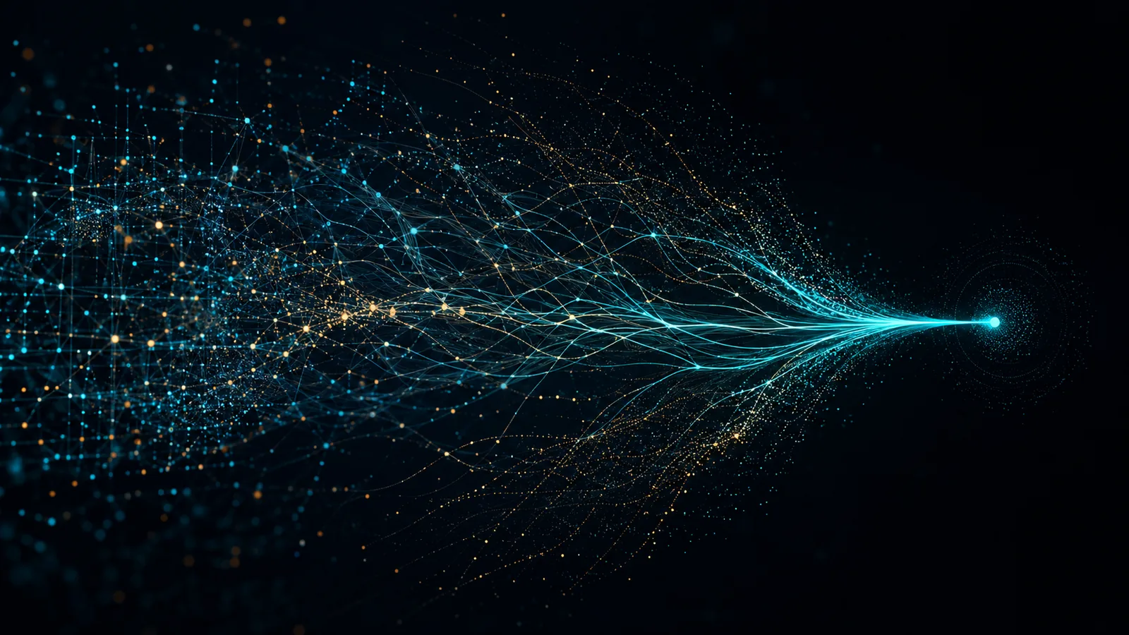Thousands of candidate data relationships converging into a small set of predictive paths.