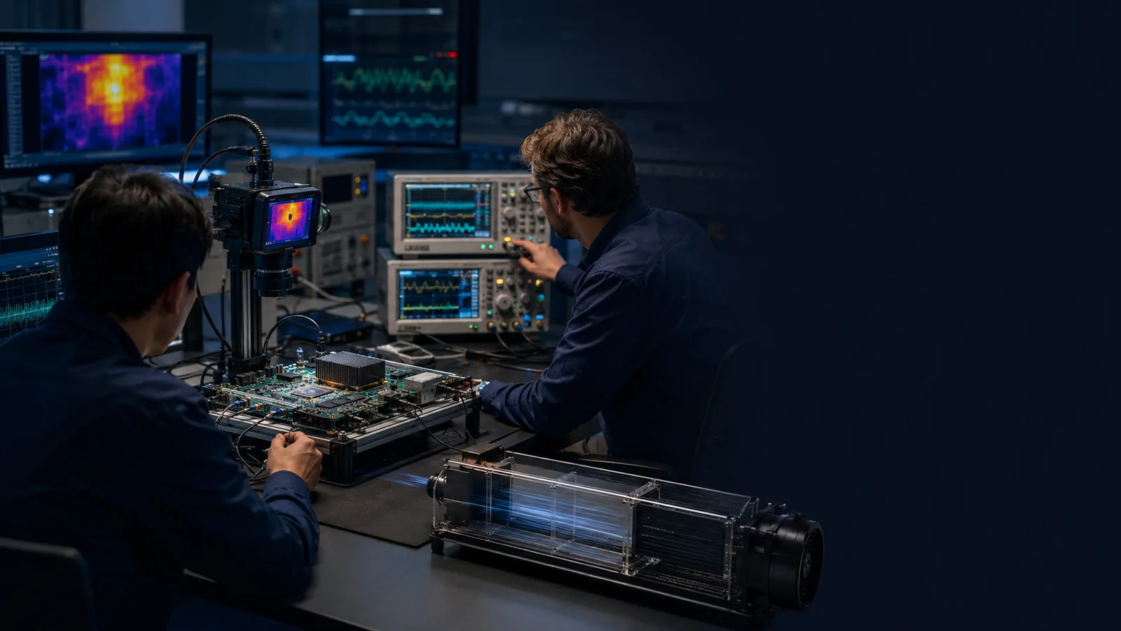 Engineers validating prototype compute hardware with power, thermal, and signal-analysis equipment.
