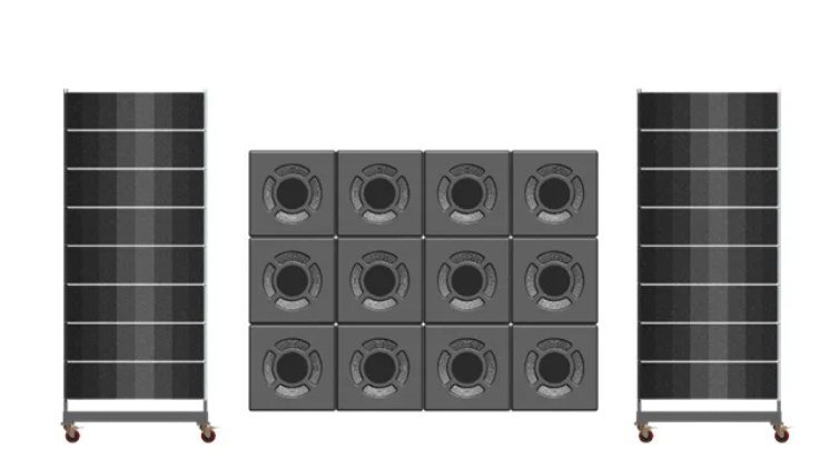 Two Planar Magnetic Matryxx array panels flanking a wall of twelve Marziani subwoofer cubes