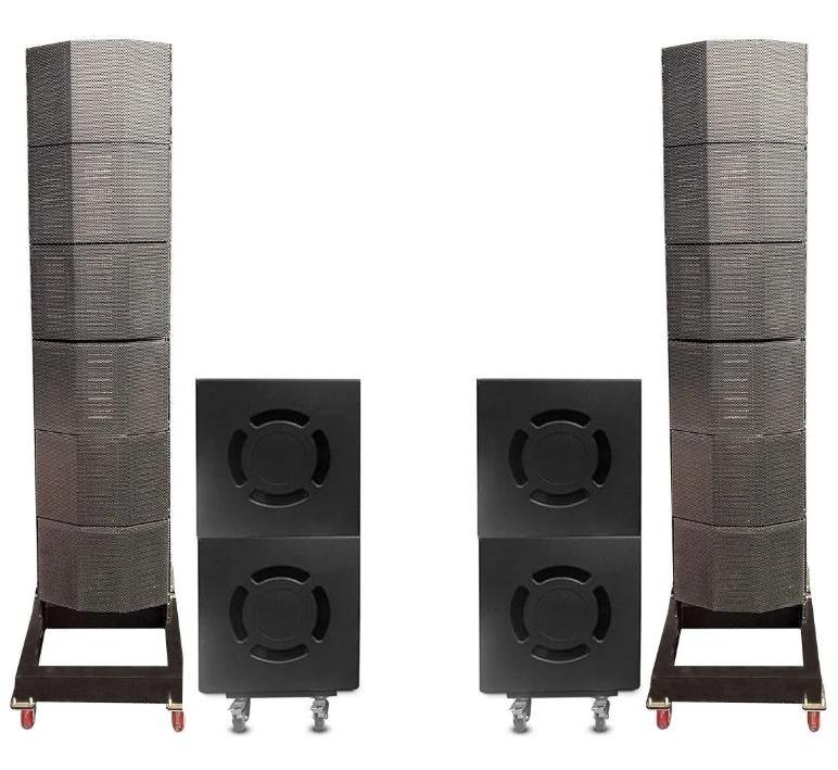 Two Planar Magnetic Matryxx towers on mobile bases, each paired with a stacked column of two subwoofers
