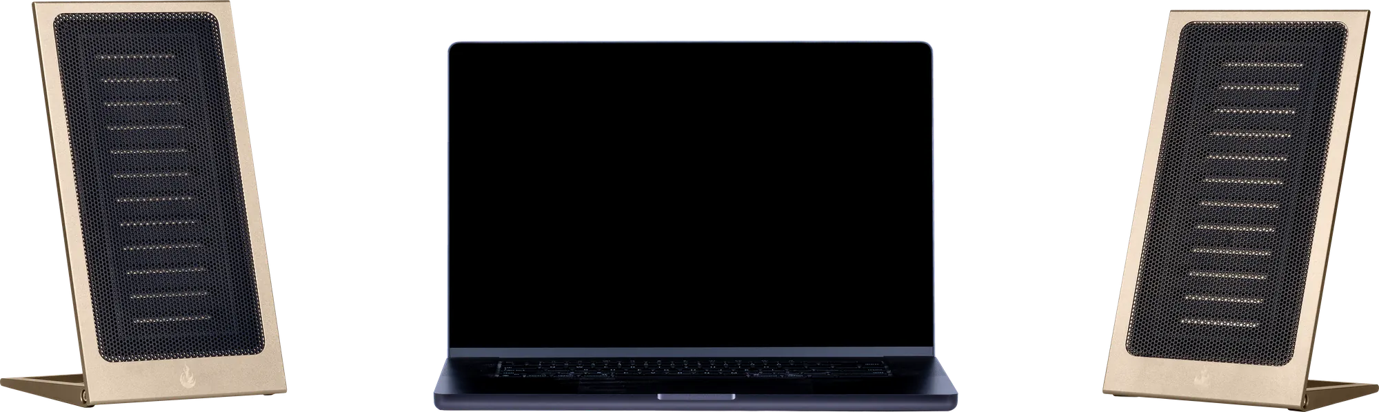 A pair of Marziani Songo planar panels flanking a laptop on a desk, showing the system at working scale.