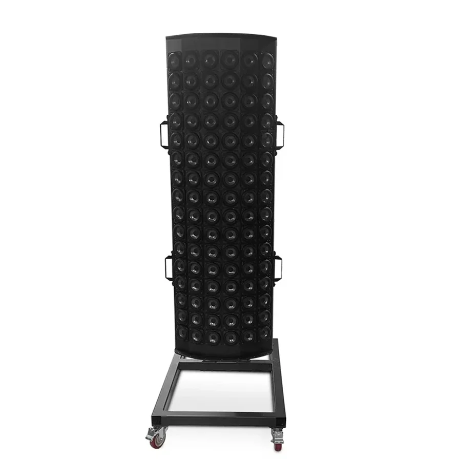 Marziani Ondo floor-standing array — 96 full-range drivers across a curved baffle above a rolling base.